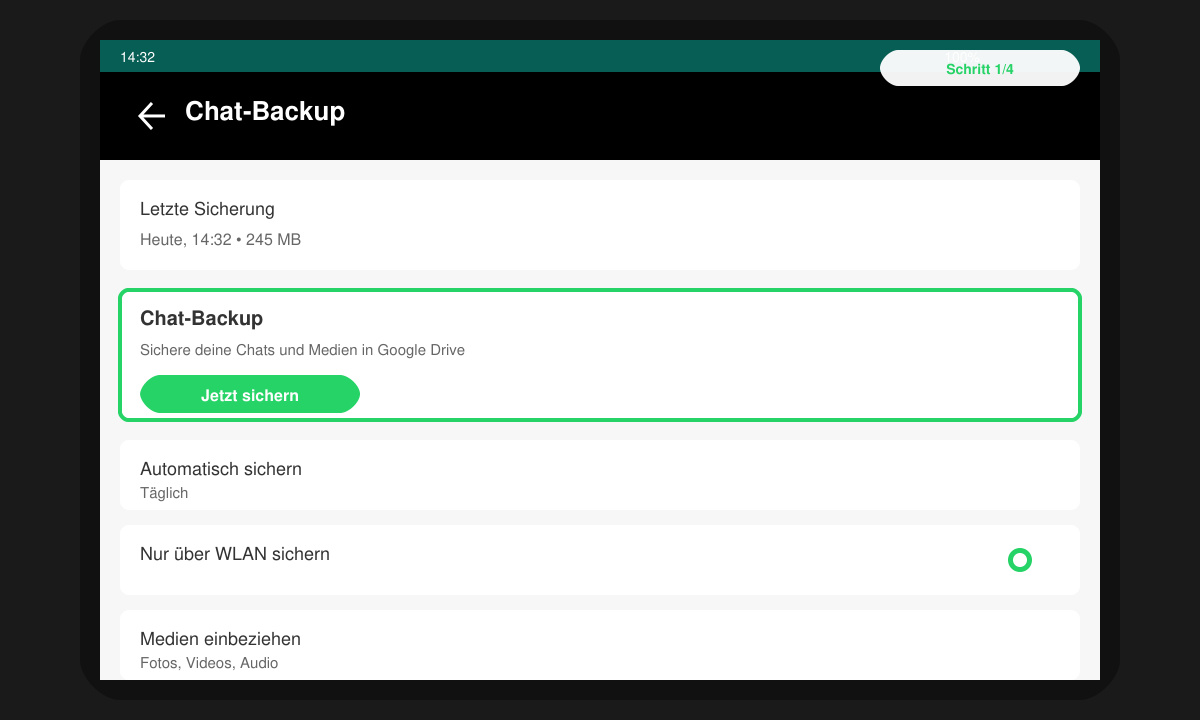 Bildschirmfoto des WhatsApp Chat-Backup-Menüs mit hervorgehobener Schaltfläche Jetzt sichern
