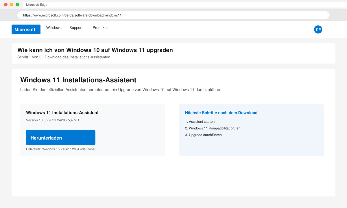 Download-Button für den Windows 11 Installation Assistant auf der Microsoft-Website