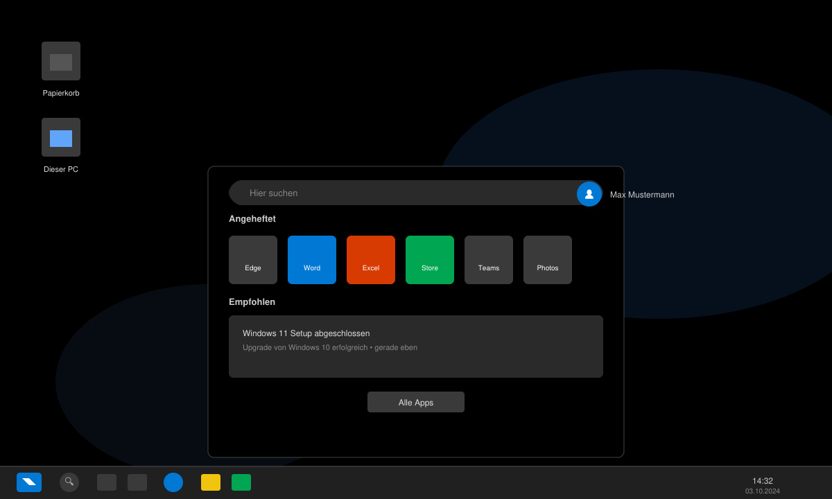 Windows 11 Desktop nach erfolgreichem Upgrade mit Taskleiste und Startmenü