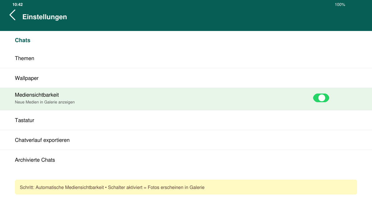 WhatsApp-Einstellungsmenü mit hervorgehobener Option Mediensichtbarkeit
