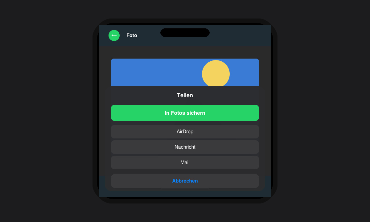 iPhone-Bildschirm mit WhatsApp-Foto und aktivierter Speichern-Option