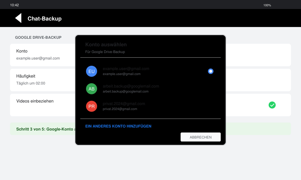 Schritt 3: Google Drive Konto auswählen und Backup starten