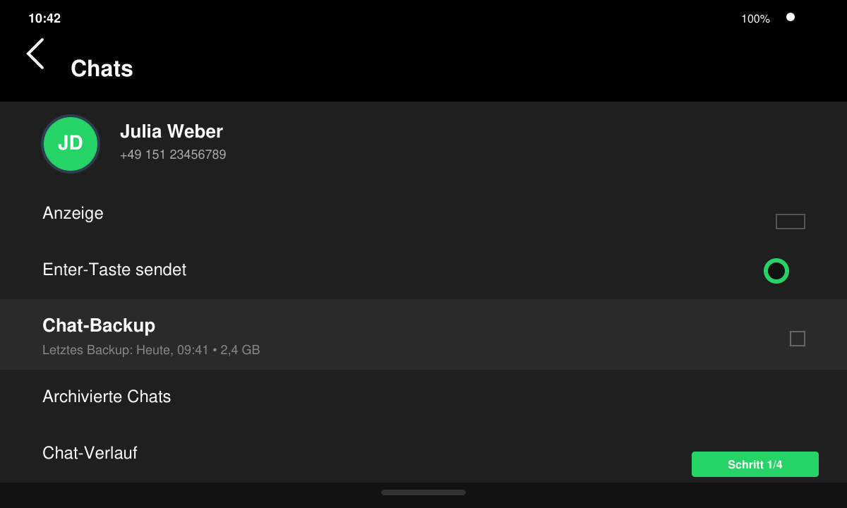 WhatsApp-Menü mit ausgewähltem Punkt „Chats“ auf einem Android-Handy