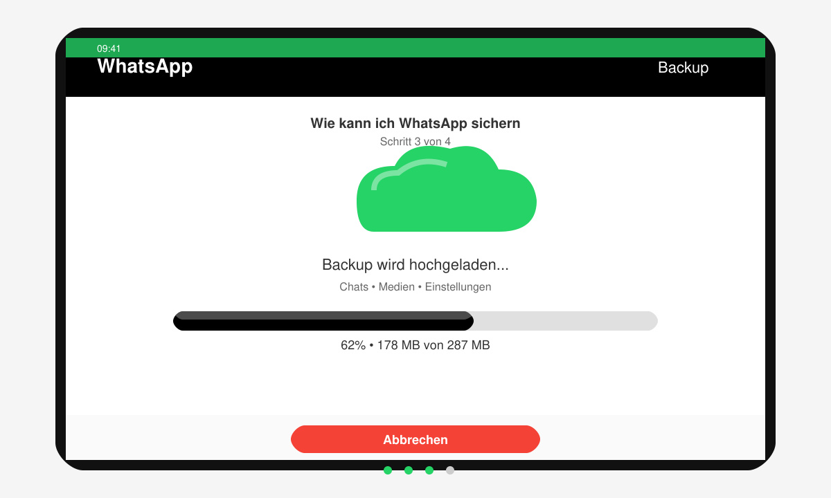 WhatsApp-Backup-Bildschirm mit aktivem Upload-Fortschrittsbalken