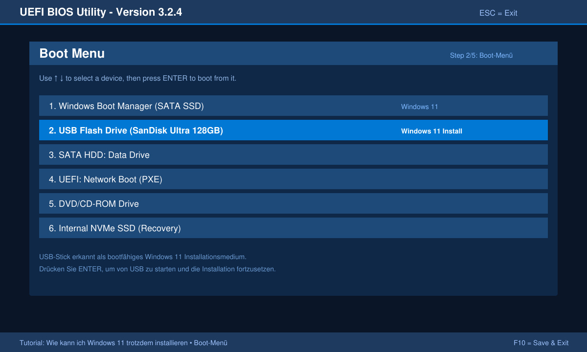 Boot-Menü mit ausgewähltem USB-Stick für Windows 11