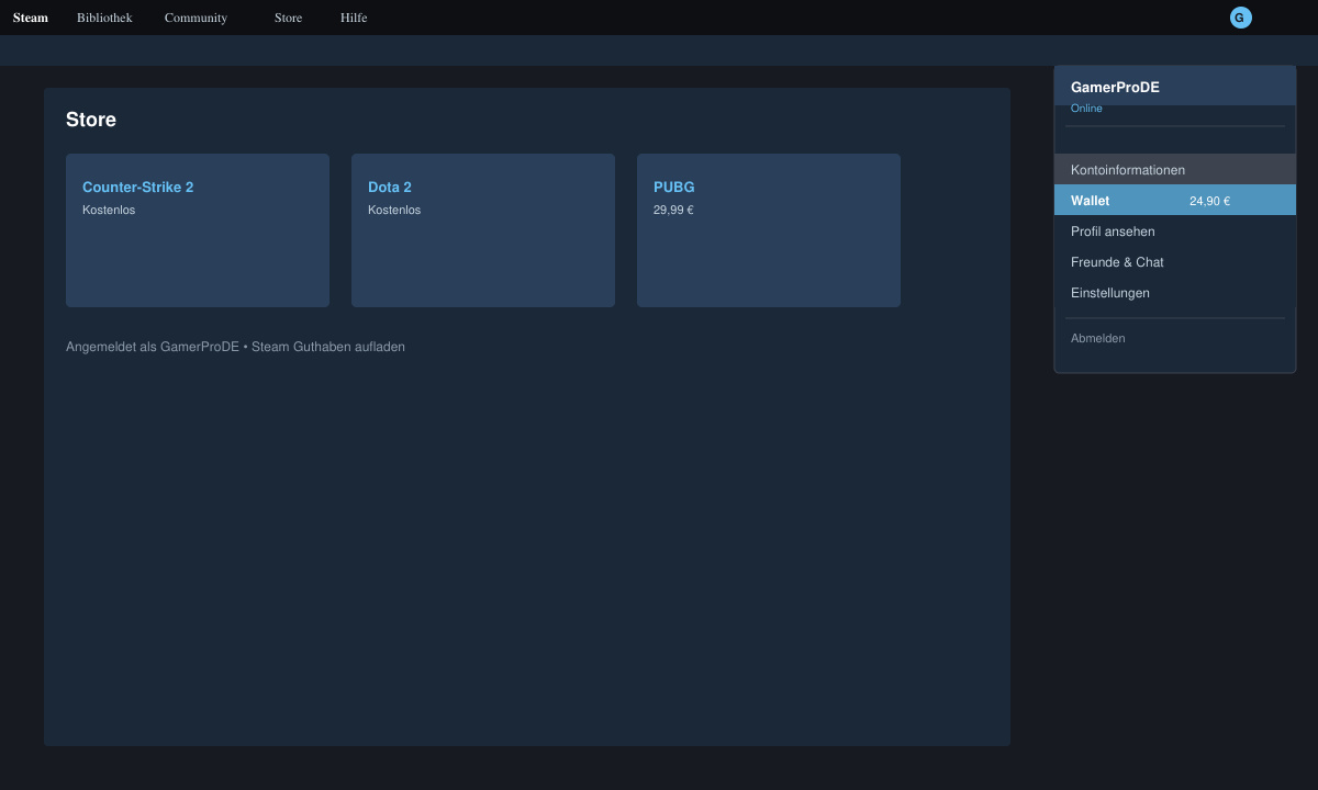 Steam-Client-Menü mit geöffnetem Kontoinformationen-Bereich