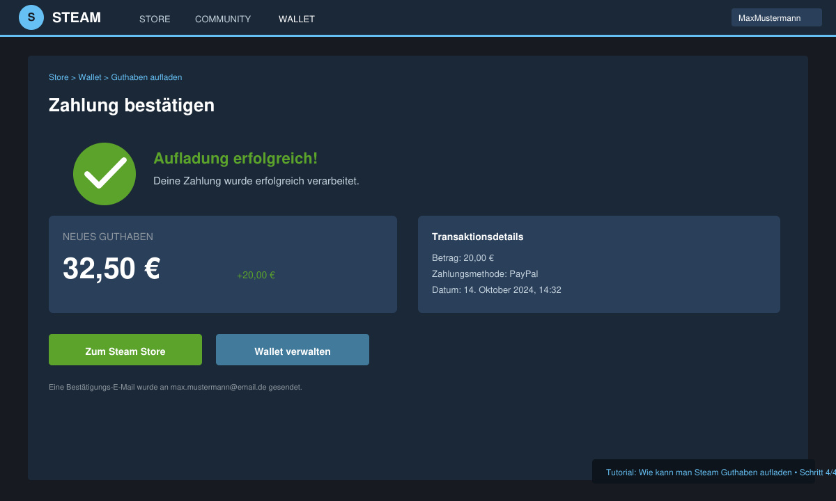 Bestätigungsseite nach erfolgreichem Aufladen des Steam Wallets