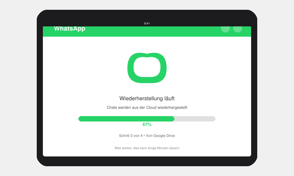 Wiederherstellungs-Bildschirm von WhatsApp mit Fortschrittsbalken