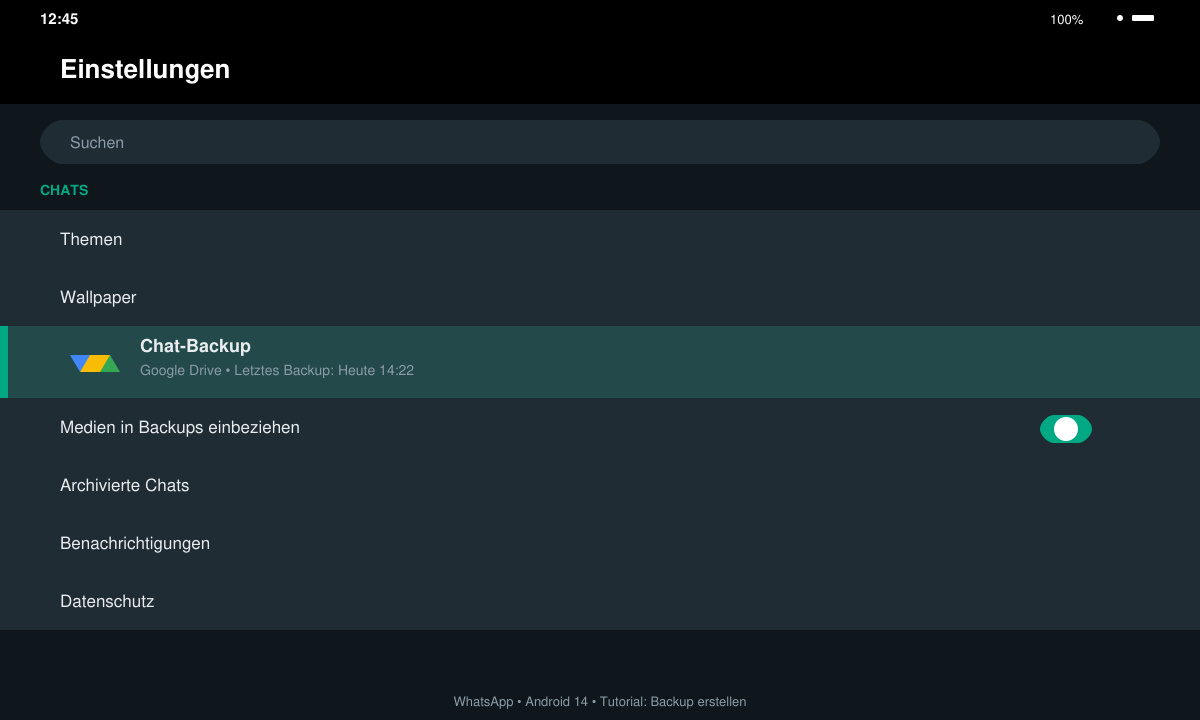 WhatsApp-Einstellungsmenü mit hervorgehobener Schaltfläche „Chat-Backup“ und Google-Drive-Logo