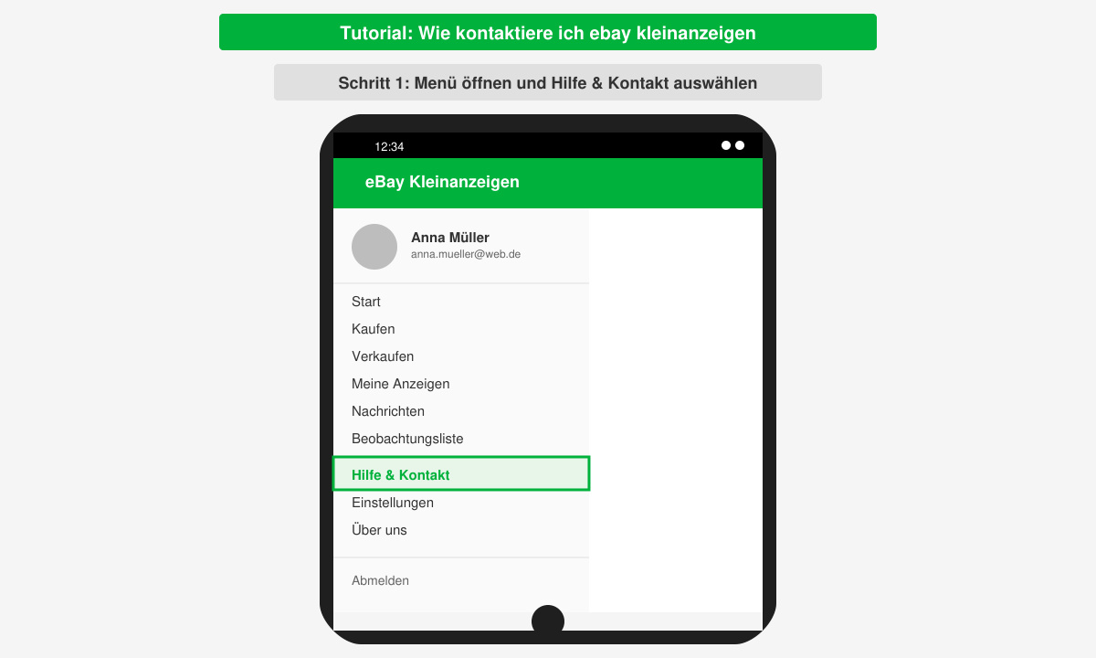 App-Menü mit hervorgehobener Option „Hilfe & Kontakt“