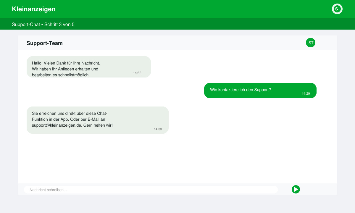 Chat-Fenster mit einer eingegangenen Support-Antwort in der Kleinanzeigen-App