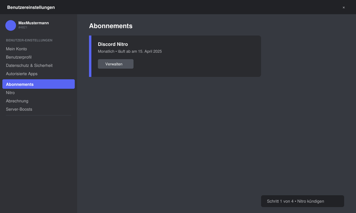 Discord-Benutzereinstellungen-Menü mit hervorgehobener Abonnement-Option