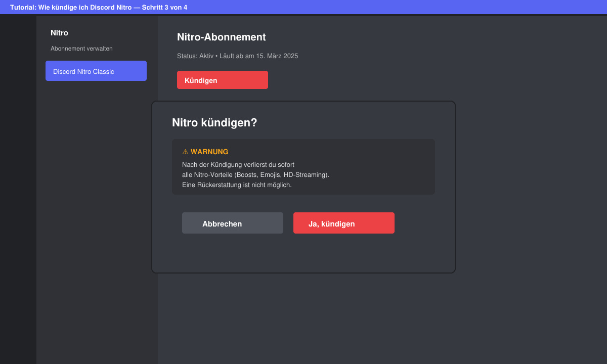 Bestätigungsdialog zur Kündigung von Discord Nitro mit Warnhinweis