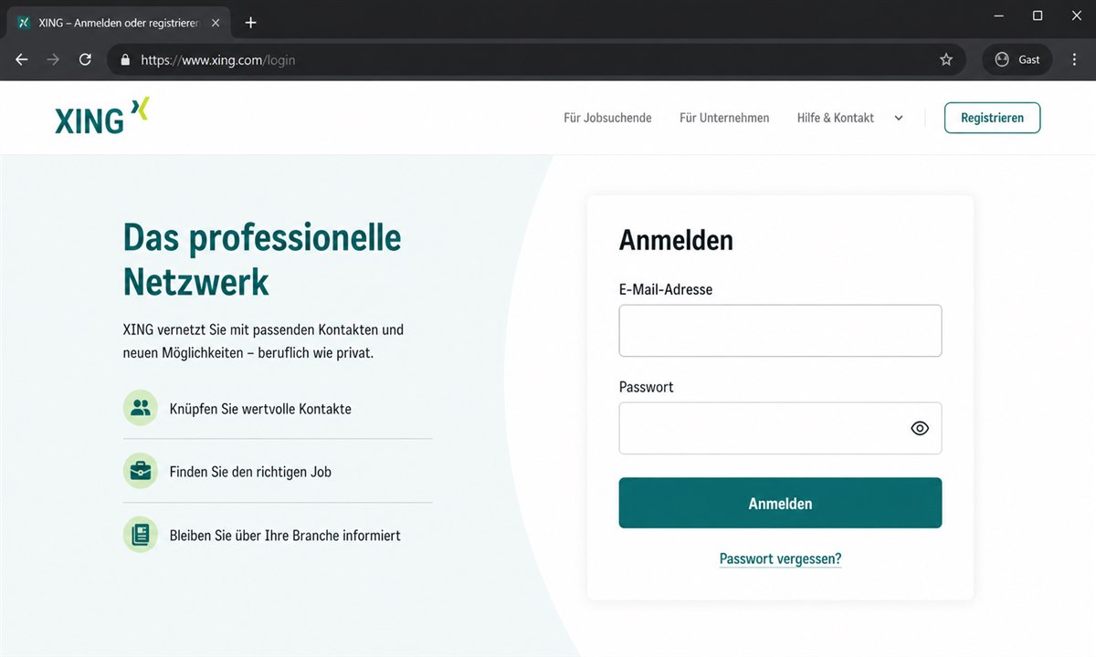 Bildschirmansicht des XING-Anmeldebildschirms mit hervorgehobener Schaltfläche „Anmelden“