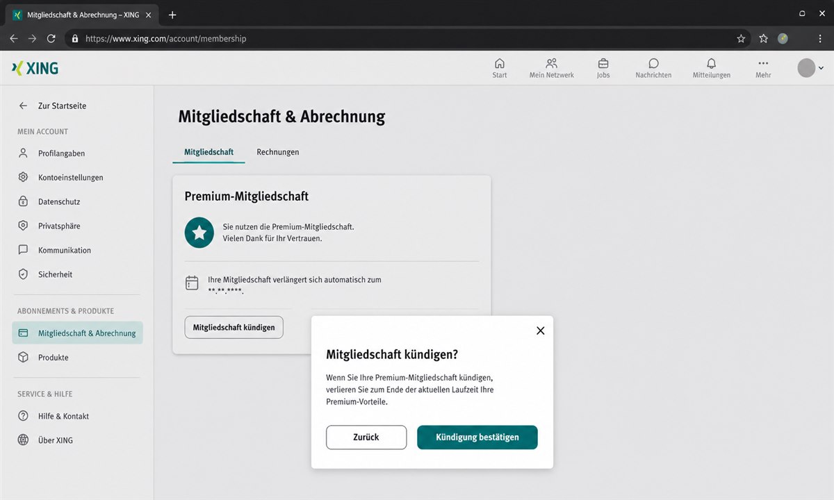Screenshot des XING-Mitgliedschaftsmenüs mit hervorgehobener Kündigungs-Schaltfläche