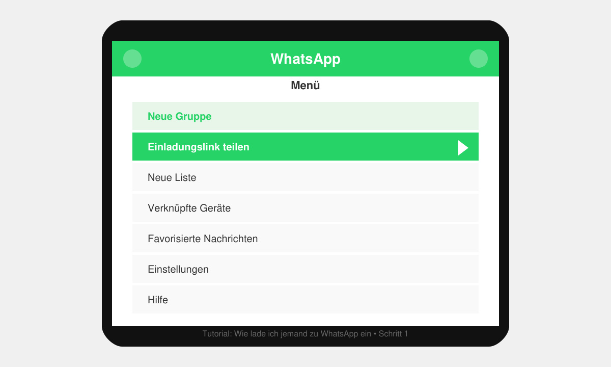 Nahaufnahme des WhatsApp-Menüs mit hervorgehobener Option „Einladungslink teilen“