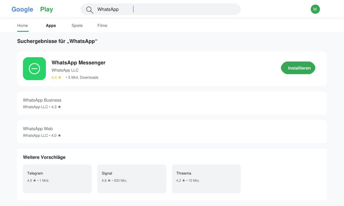Bildschirm des Google Play Stores mit Suchleiste