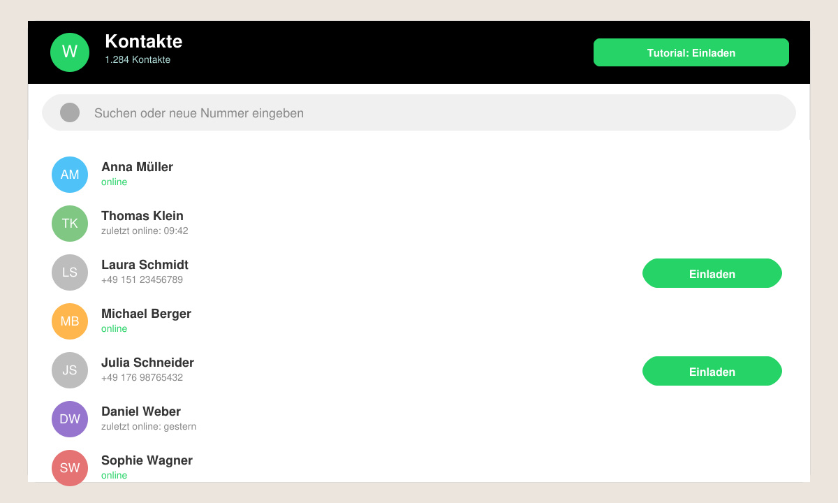 WhatsApp-Kontaktliste mit Suchleiste und Einladungs-Button