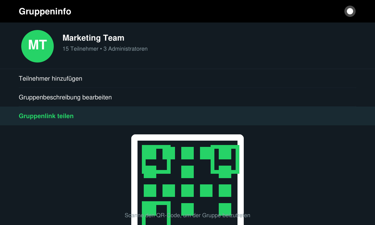 WhatsApp-Gruppeninfo mit sichtbarem „Gruppenlink teilen“-Button
