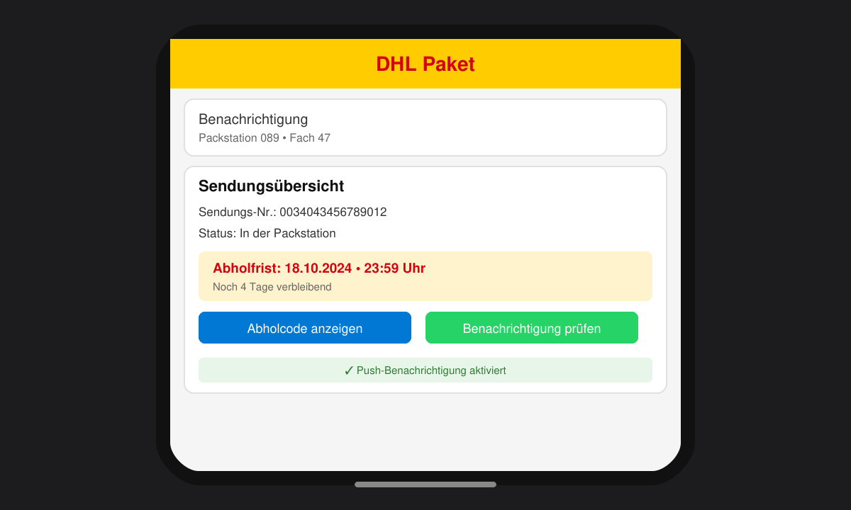 DHL App mit Packstation Sendungsdetails und Frist