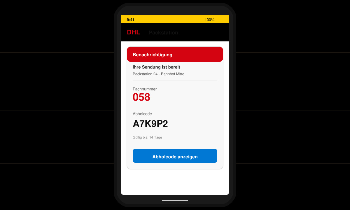 Smartphone-Bildschirm mit DHL App, auf dem die Packstation-Benachrichtigung mit Fachnummer und Code sichtbar ist