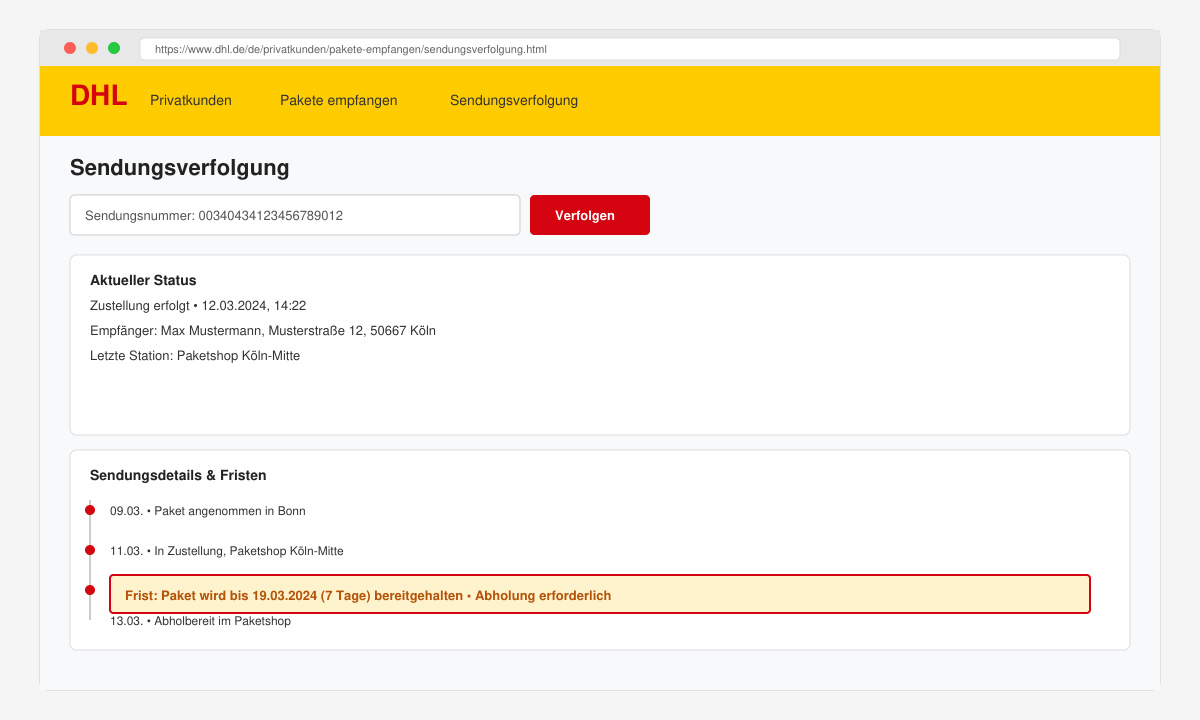 Screenshot der DHL Sendungsverfolgung mit hervorgehobener Frist
