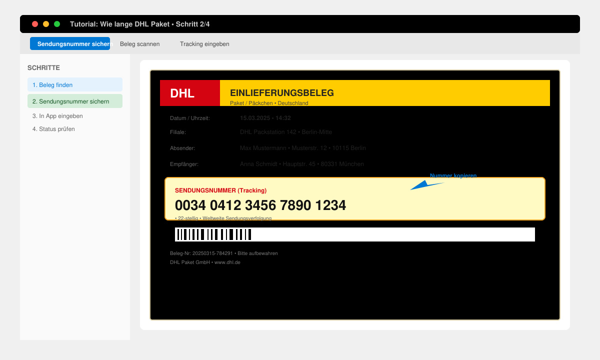 Nahaufnahme eines DHL-Einlieferungsbelegs mit Tracking-Nummer