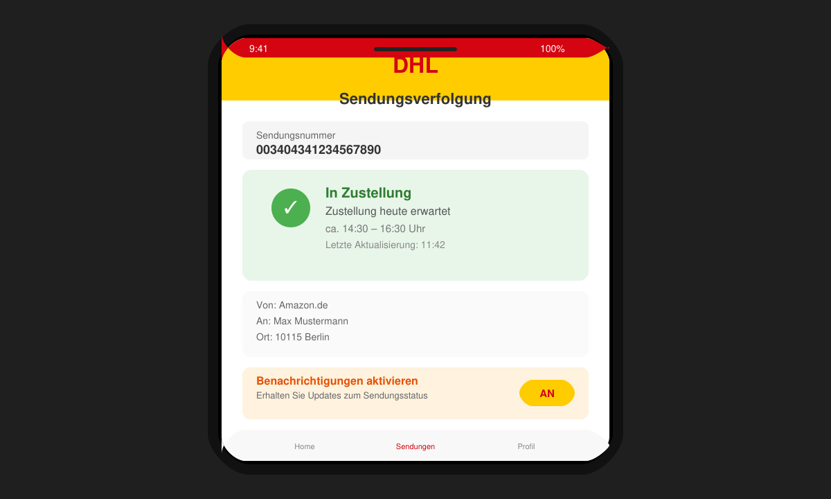 Smartphone-Bildschirm mit DHL-App und aktuellem Sendungsstatus