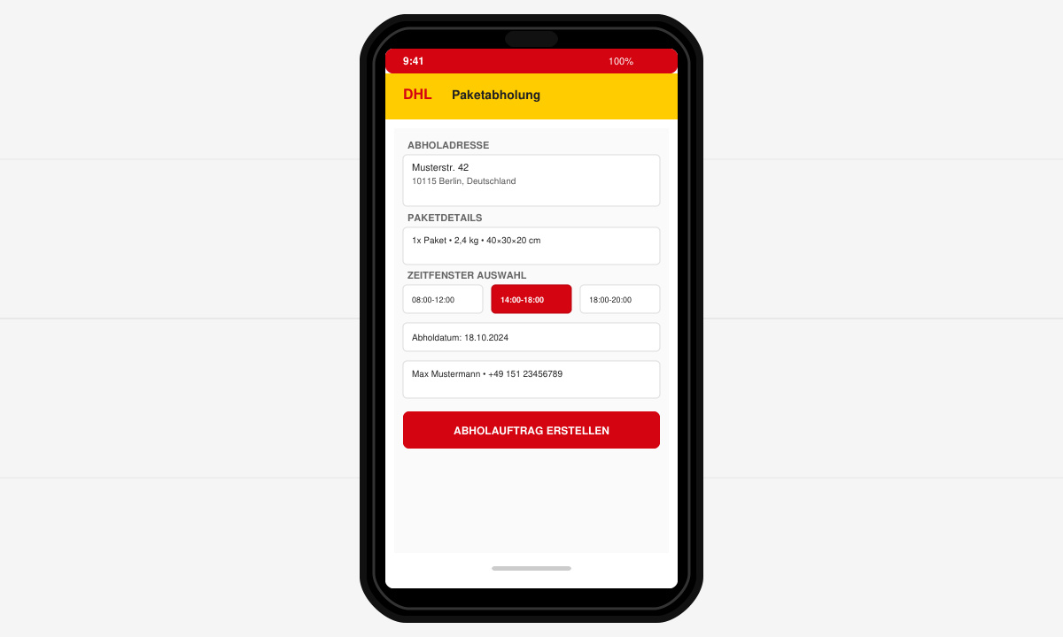 Eingabemaske für DHL Paket abholen Termin in der App