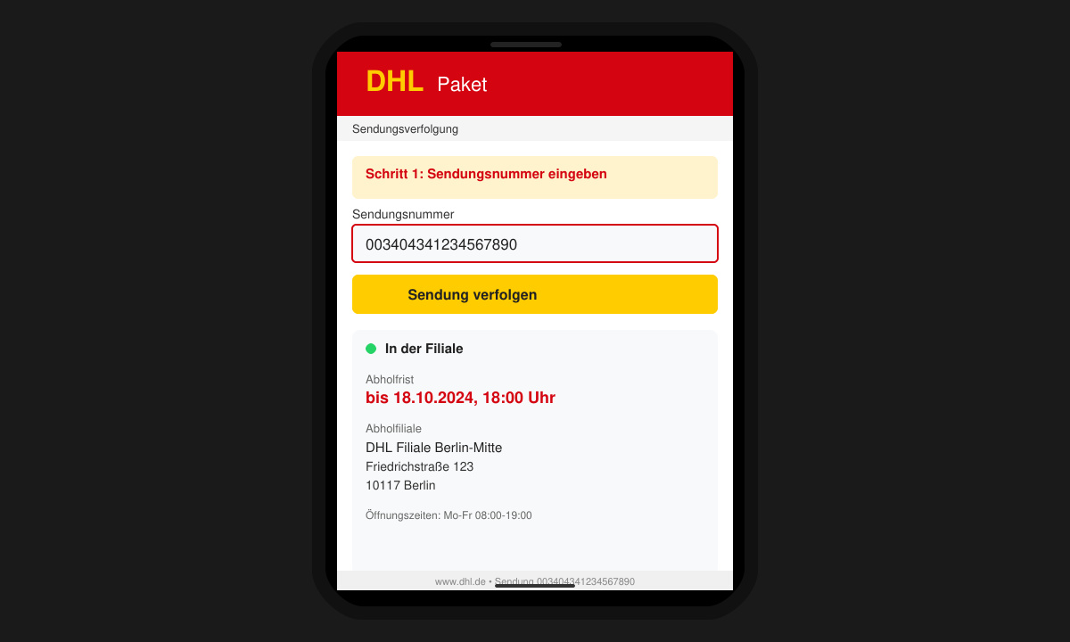 Smartphone-Bildschirm mit geöffneter DHL Sendungsverfolgung und angezeigter Abholfrist