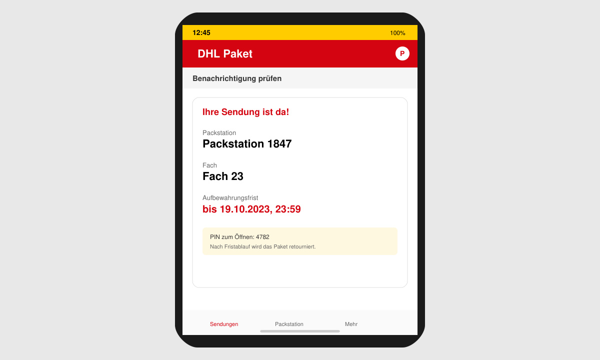 Smartphone zeigt DHL App mit Packstation Benachrichtigung und Ablaufdatum