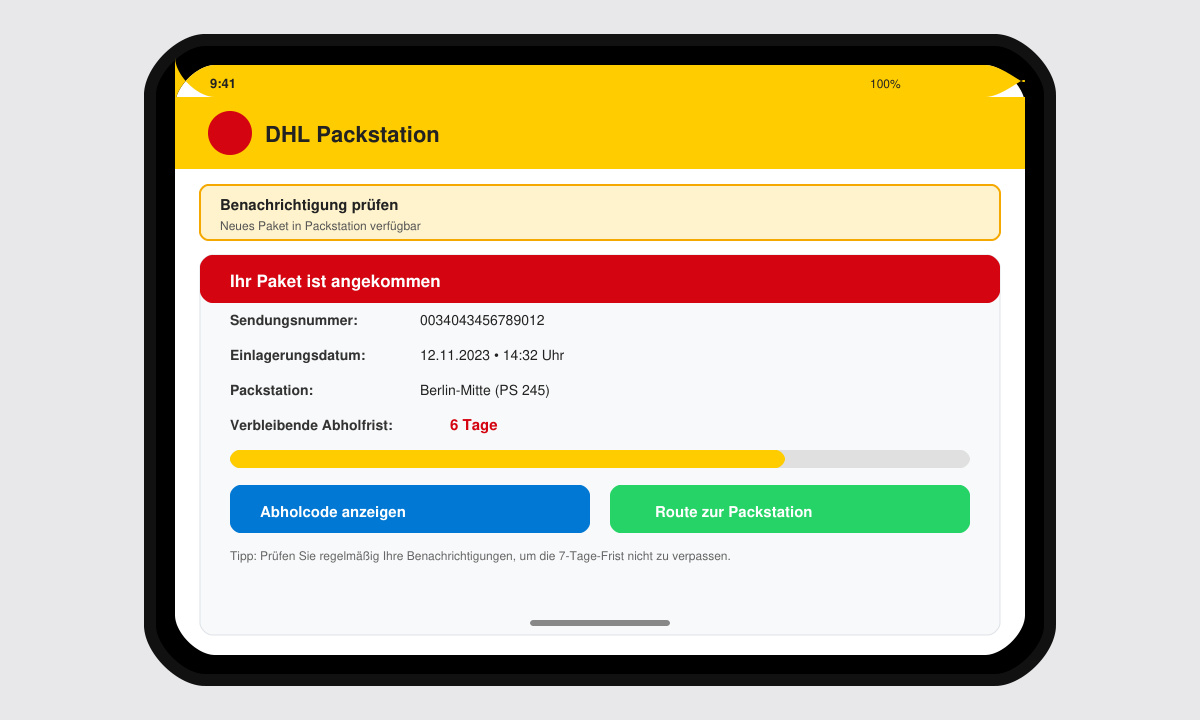 Screenshot der DHL App mit angezeigtem Einlagerungsdatum und verbleibender Abholfrist