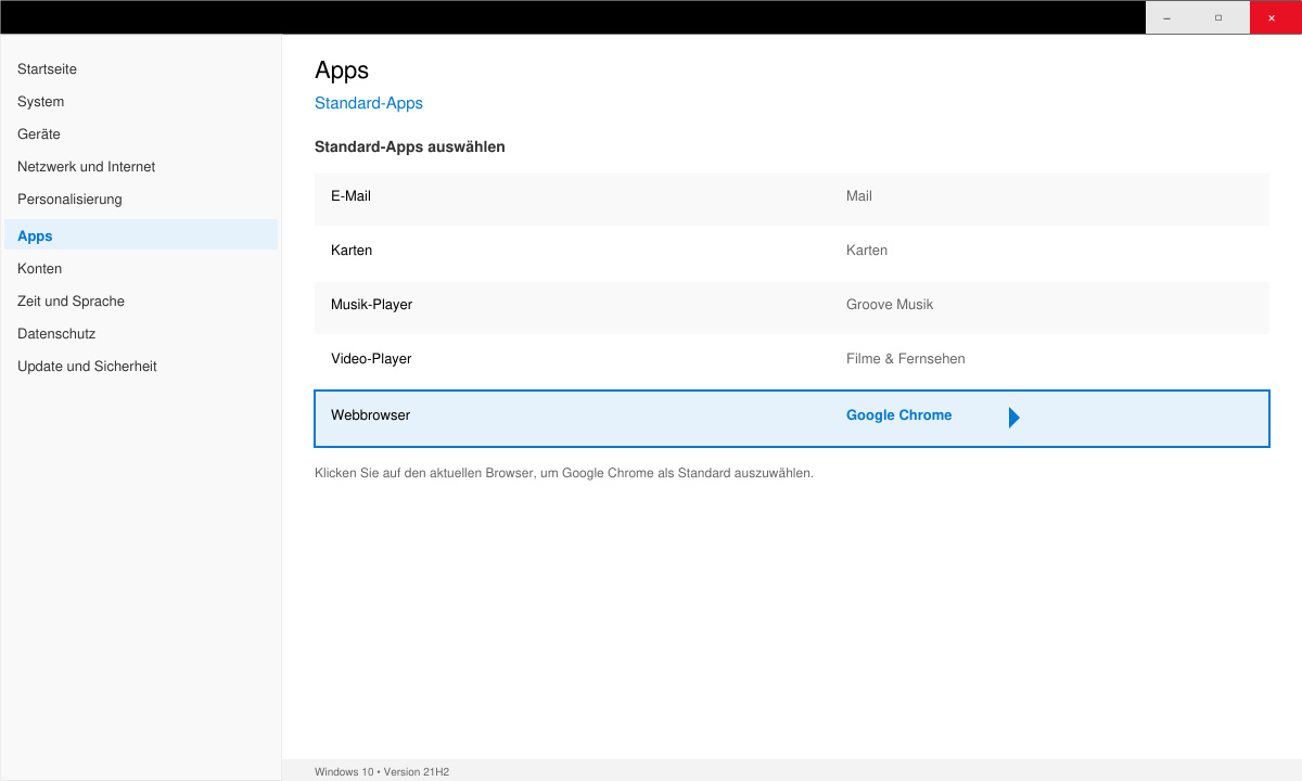 Windows-Einstellungen mit geöffnetem Bereich Standardapps