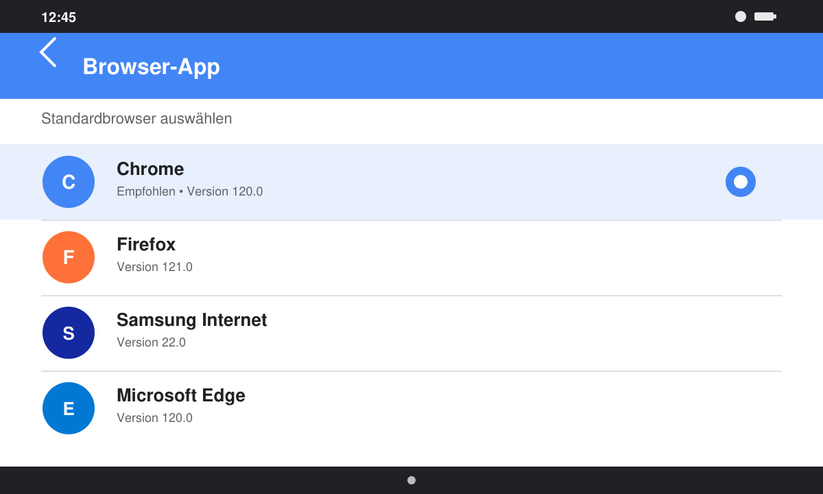 Android-Einstellungen mit Auswahl von Chrome als Standardbrowser