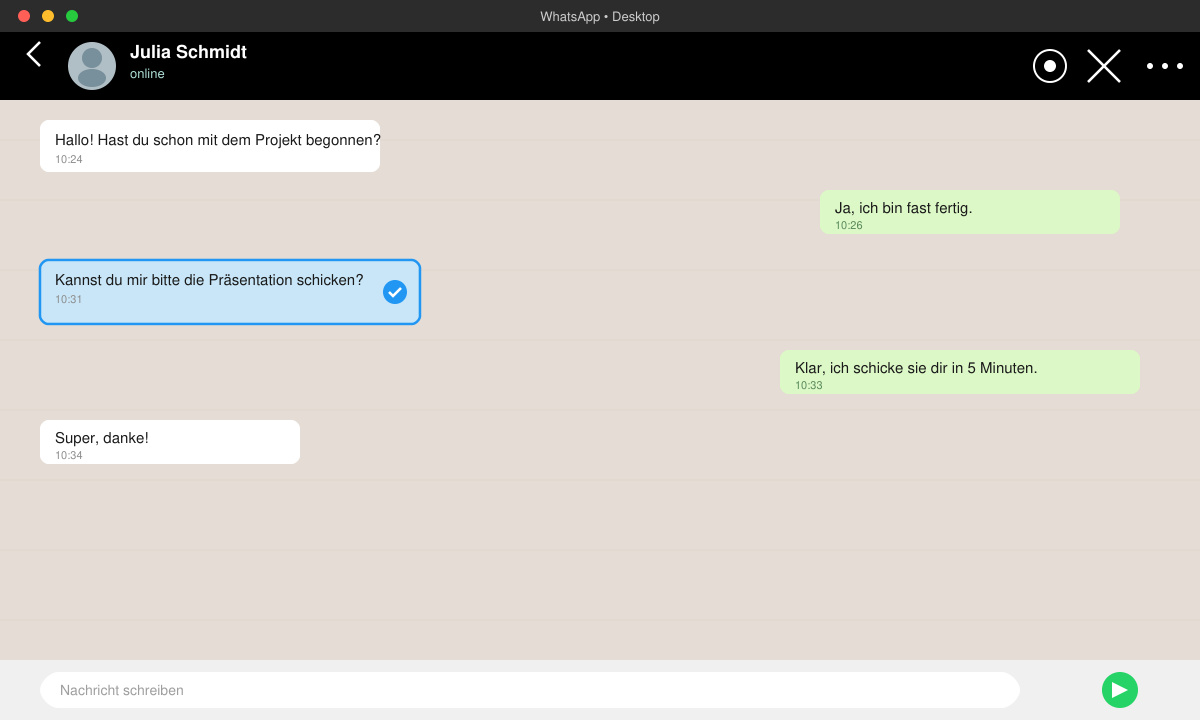 WhatsApp-Chat-Fenster mit einer ausgewählten Textnachricht
