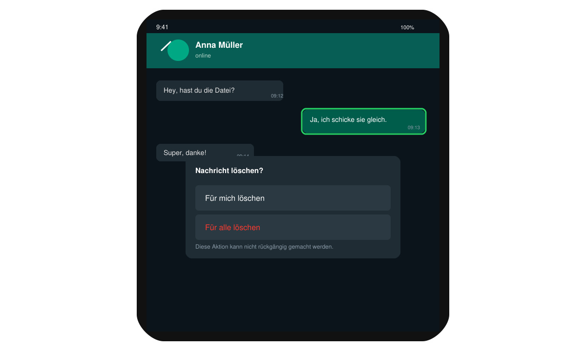 Auswahlmenü in WhatsApp mit den Optionen „Für mich löschen“ und „Für alle löschen“