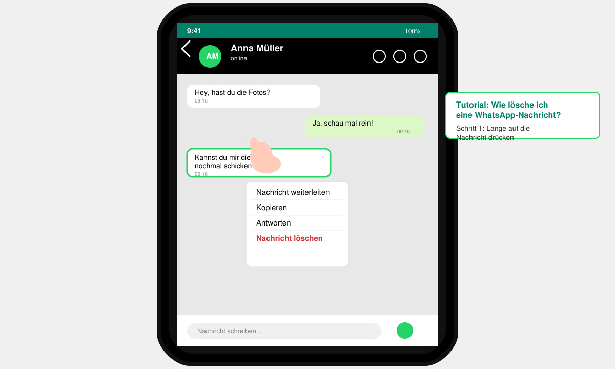 WhatsApp Chat geöffnet mit einzelner Nachricht im Fokus