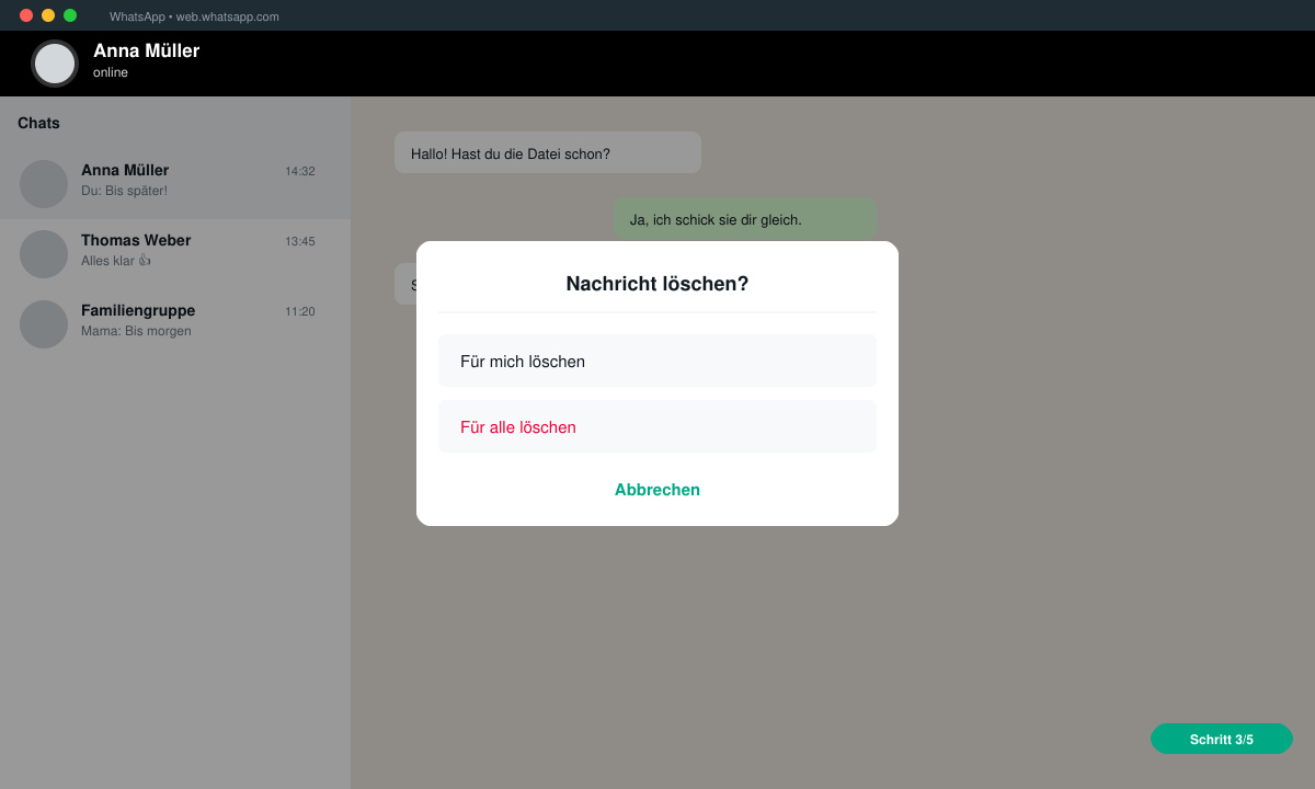 Löschbestätigung in WhatsApp mit Optionen Für mich und Für alle