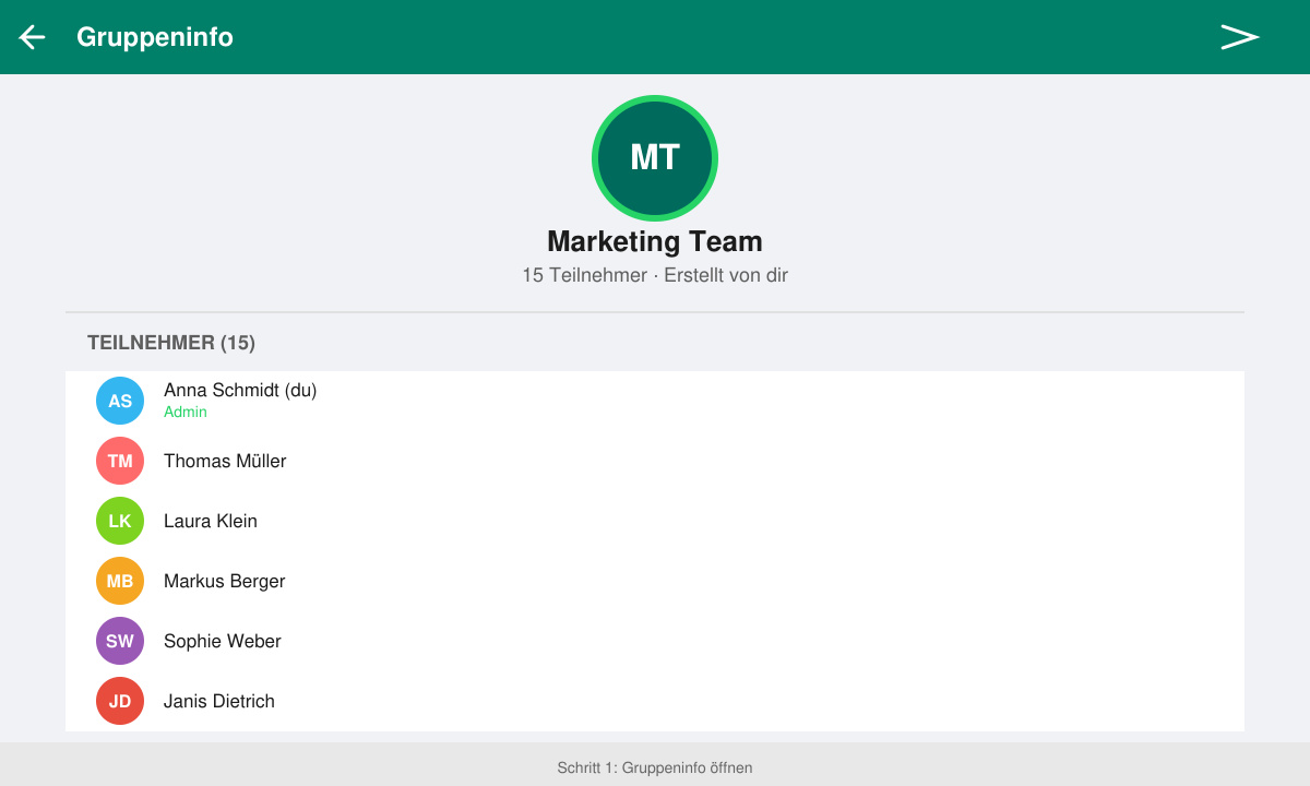 WhatsApp Gruppeninfo Bildschirm mit Teilnehmerliste