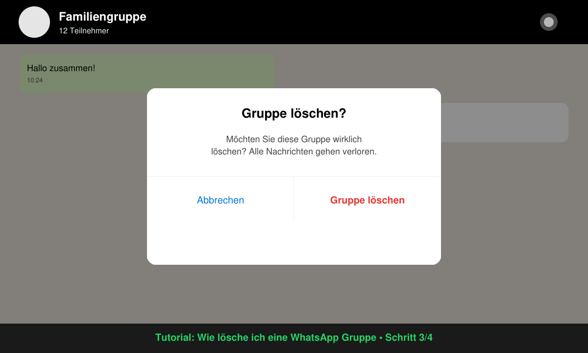 Bestätigungsdialog zum Löschen der WhatsApp Gruppe