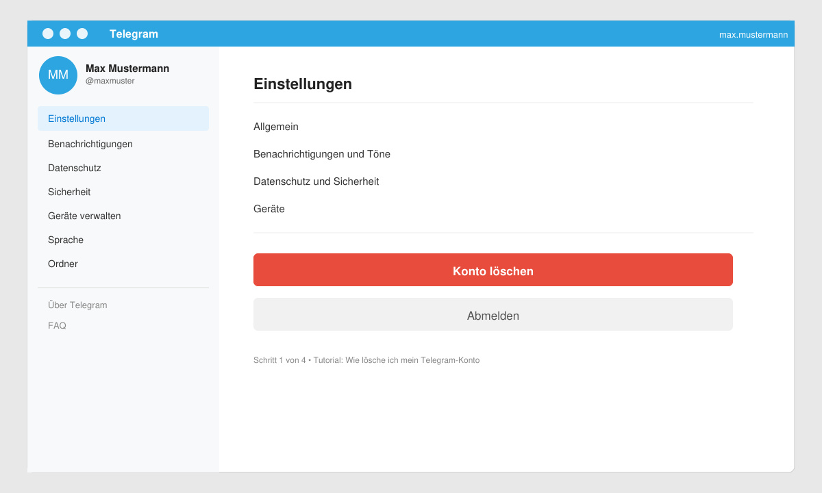 Bildschirmfoto des Telegram-Einstellungsmenüs mit hervorgehobener Option „Datenschutz und Sicherheit“