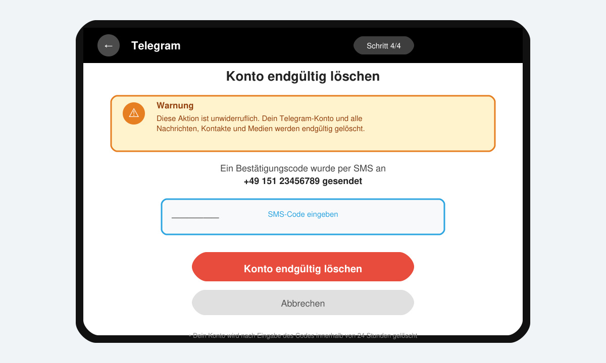 Bestätigungsbildschirm mit Eingabefeld für den Löschcode und Hinweis auf endgültige Löschung
