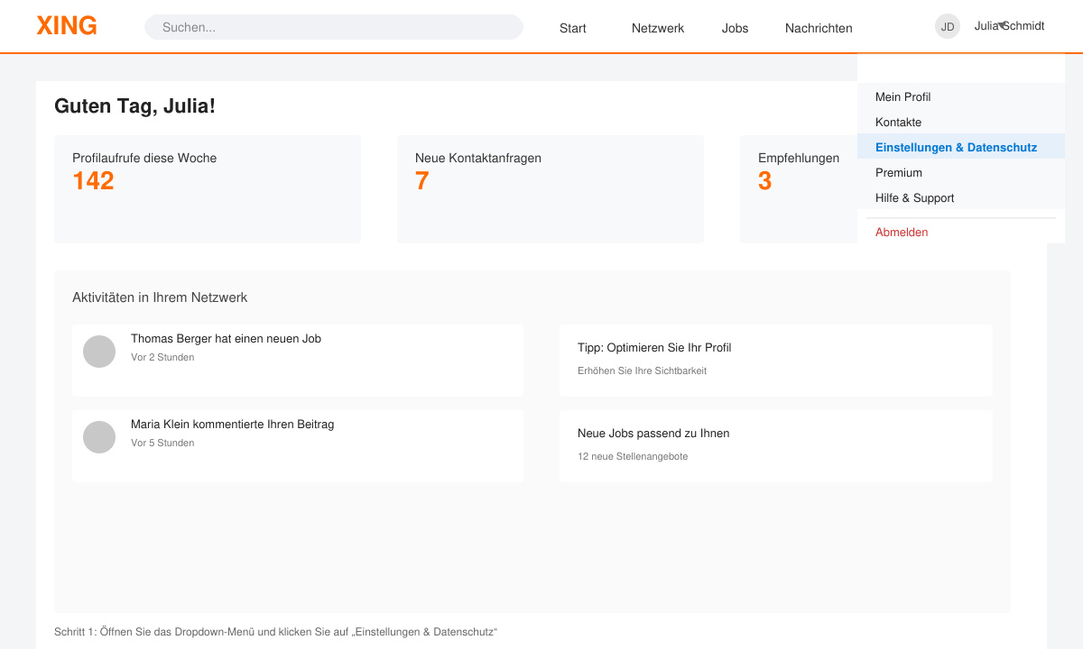 XING-Menü mit Einstellungen und Datenschutz