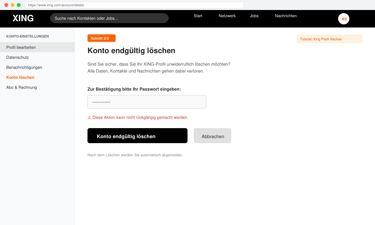 Bestätigungsseite zum Löschen des XING-Profils