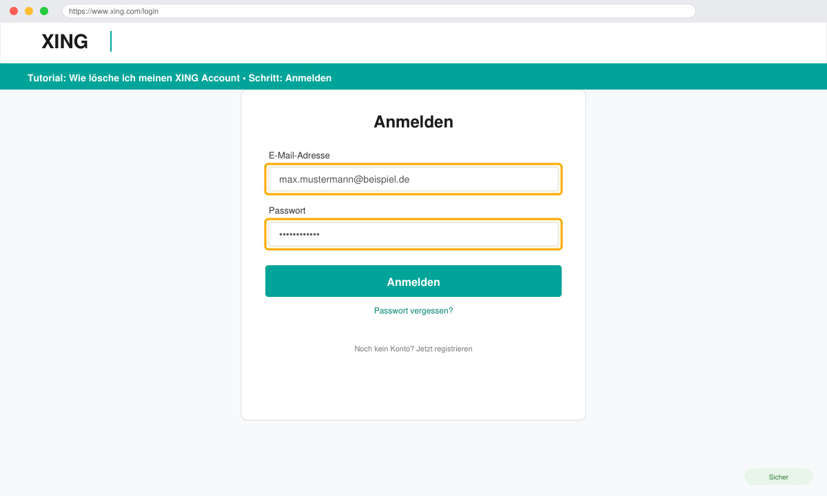 Anmeldebildschirm von XING mit hervorgehobenen Feldern für E-Mail und Passwort