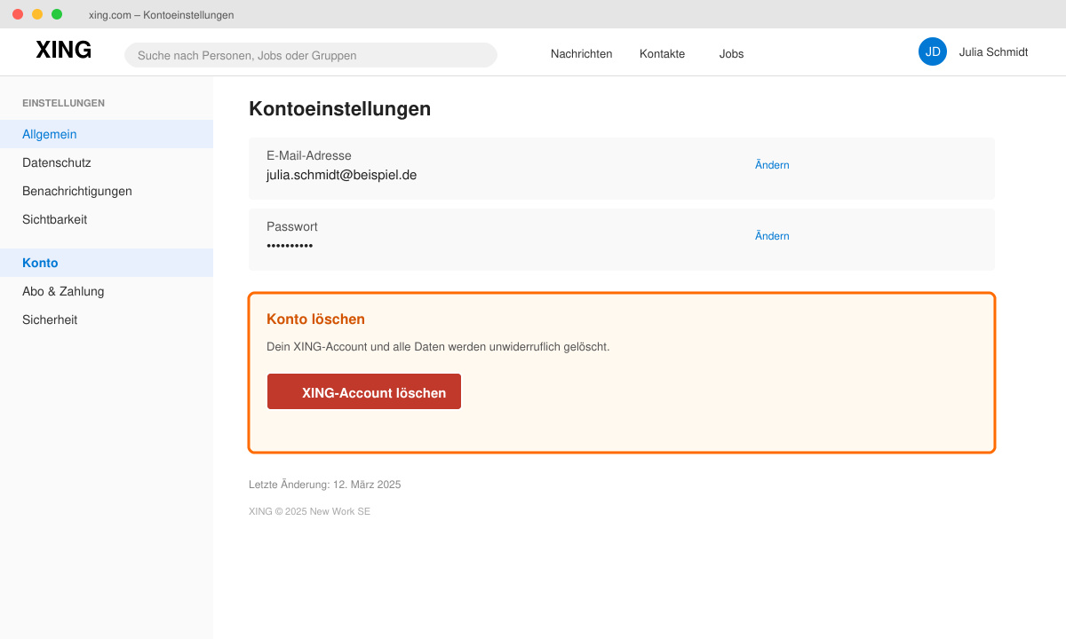 Kontoeinstellungen mit markiertem Button „XING-Account löschen“