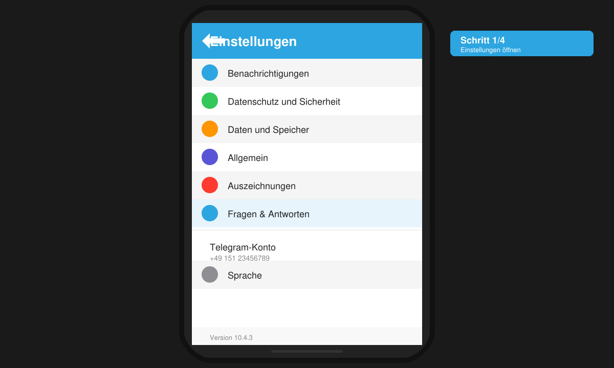 Smartphone-Bildschirm mit geöffneter Telegram-App und dem Menü „Einstellungen“