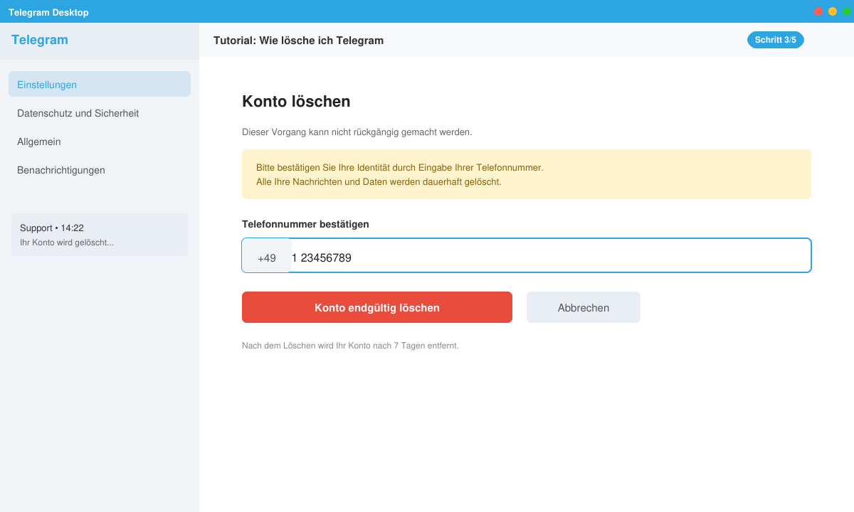 Bestätigungsseite mit Eingabefeld für die Telefonnummer beim Löschen des Telegram-Kontos
