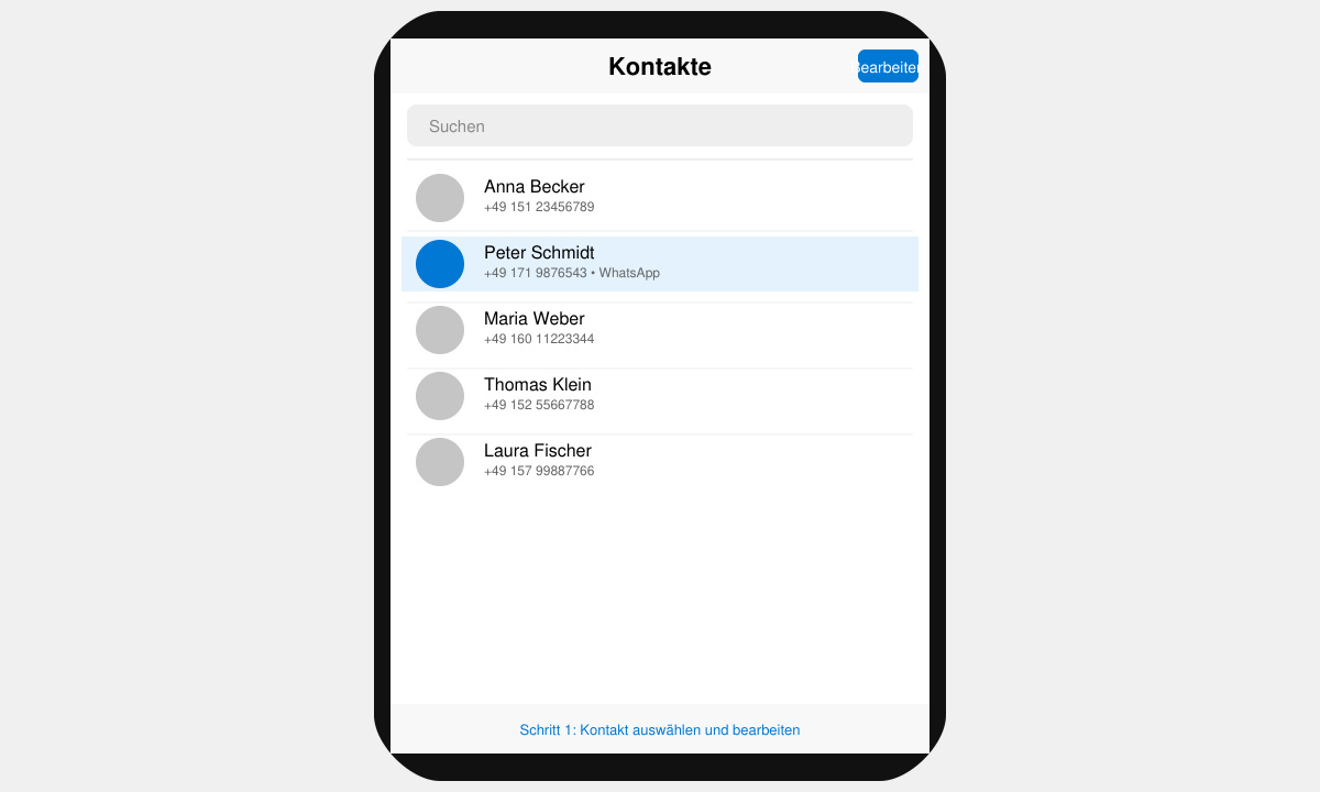 Telefonbuch-App mit markiertem Kontakt zum Löschen