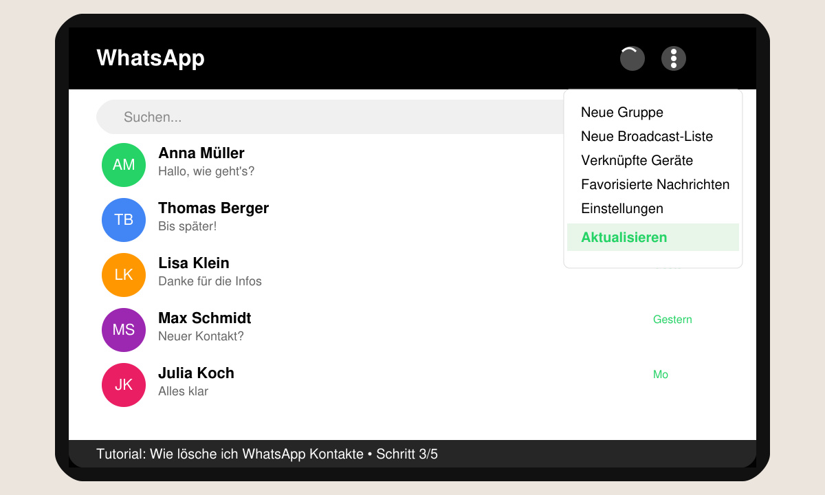WhatsApp-Menü mit der Option „Aktualisieren“